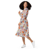 All-over print long sleeve midi dress, pretty colorful crotchet all over classy casual traditional pattern design all occasion clothing wear