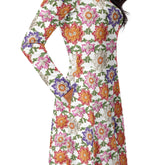 All-over print long sleeve midi dress, pretty colorful crotchet all over classy casual traditional pattern design all occasion clothing wear