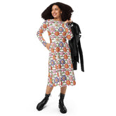 All-over print long sleeve midi dress, pretty colorful crotchet all over classy casual traditional pattern design all occasion clothing wear