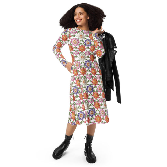 All-over print long sleeve midi dress, pretty colorful crotchet all over classy casual traditional pattern design all occasion clothing wear