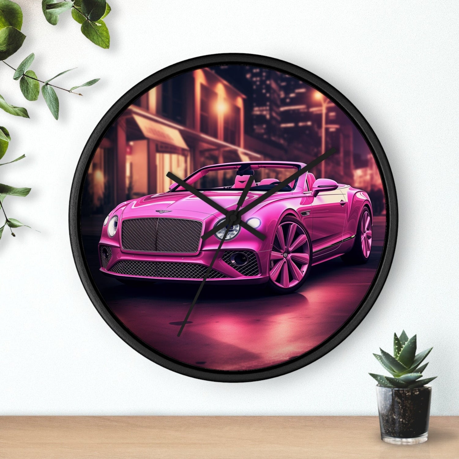 Wall Clock, Pink Bentley exotic vibrant fancy Barbie car design for bedroom hallway living room office upscale luxury wall art home decor