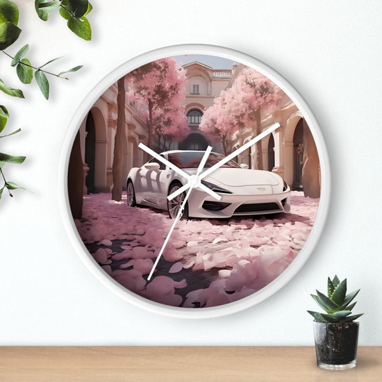 Wall Clock, White Lamborghini modern day exotic car portrait home room soft pink rose petal wall art decor designer Gift