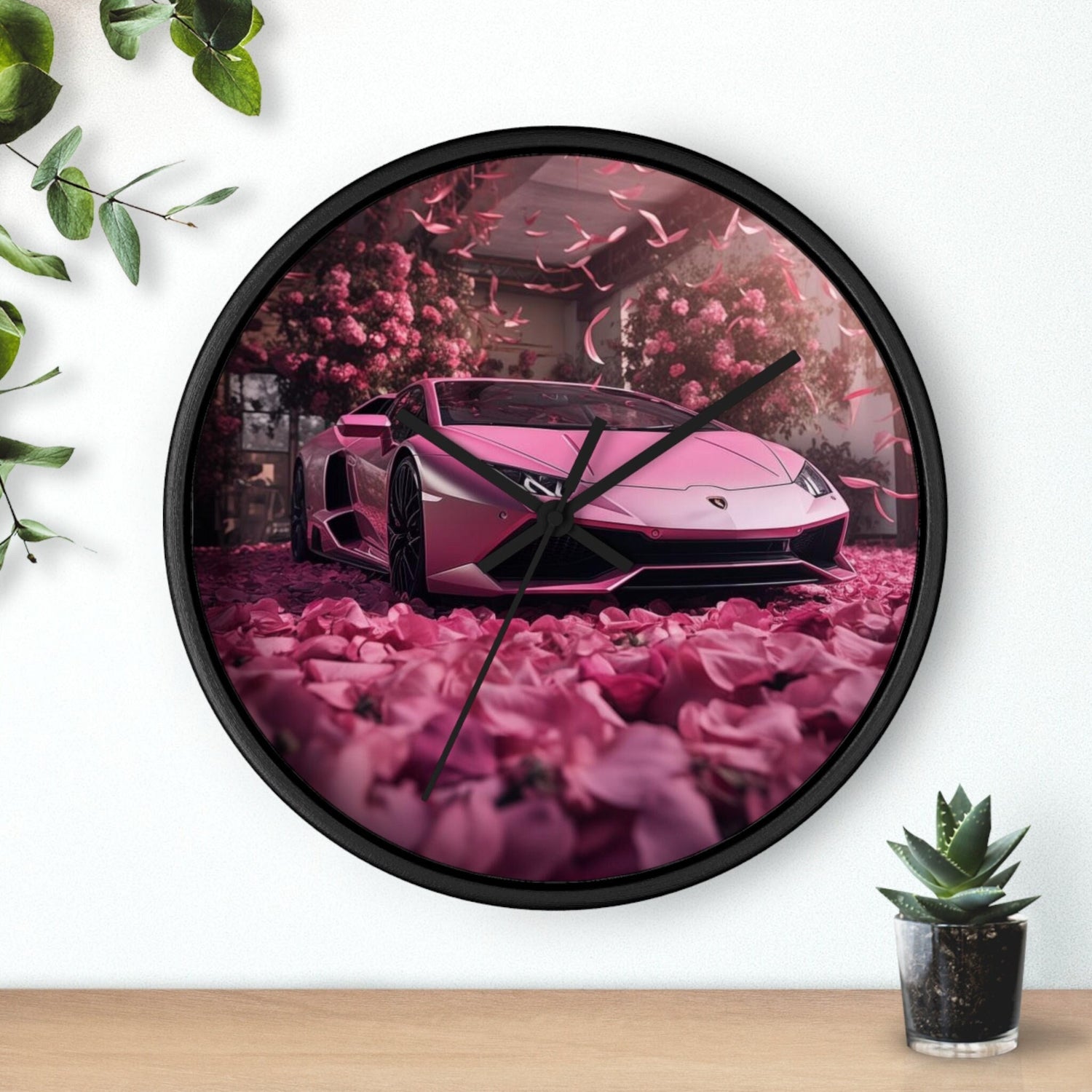 Wall Clock, Pink Lamborghini portrait room dorm home wall art pink rose petals sweet 16 quinceañera Bday gift for luxury exotic car lover