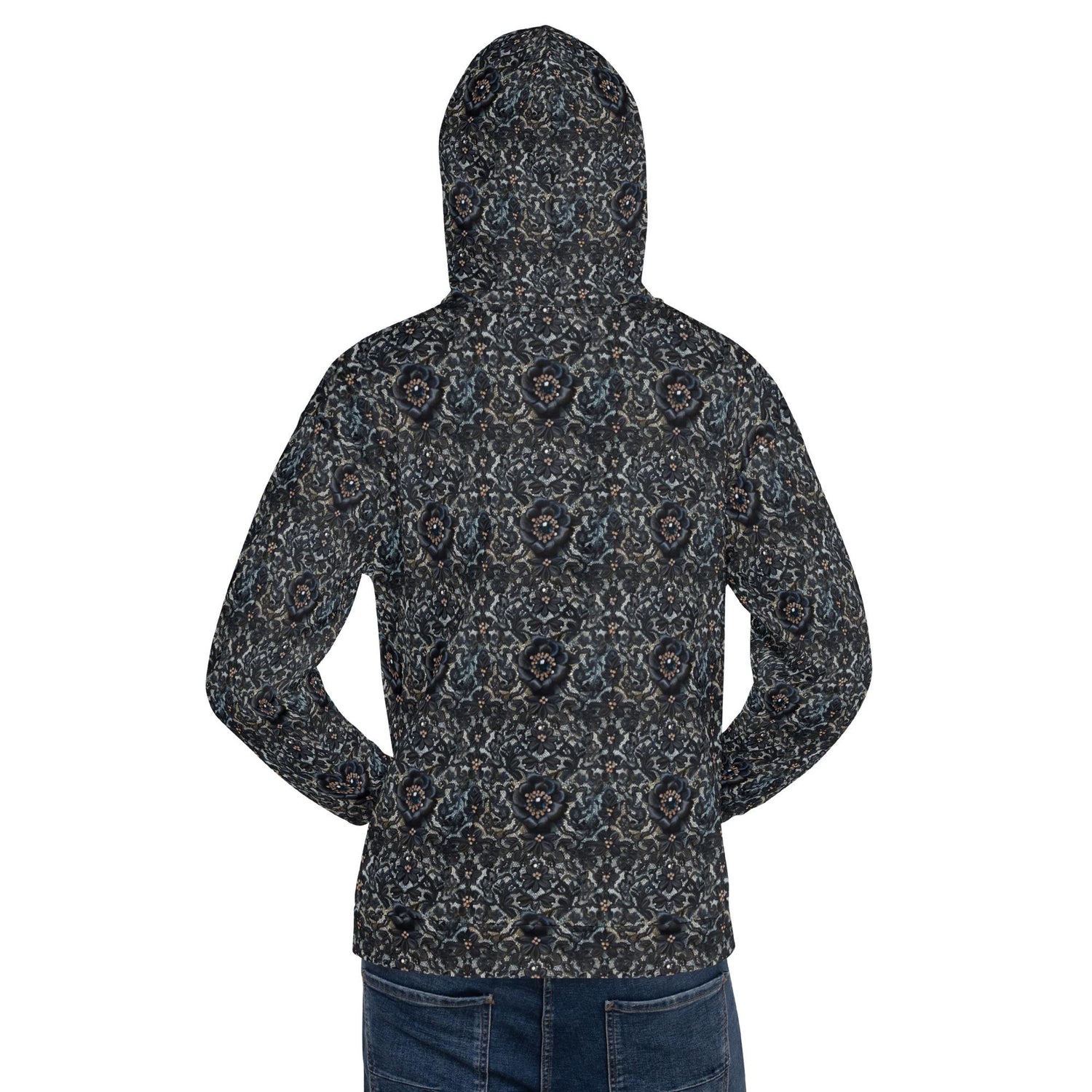 Female black floral lace all over pattern comfy casual soft school work travel jeans winter holiday hoodie sweatshirt great gift