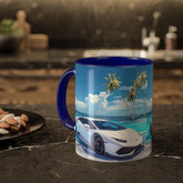 Colorful Mugs, 11oz, White Lamborghini on the beach luxury exotic car coffee beverage kitchen cup decor
