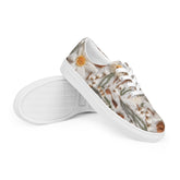 Women’s lace-up canvas shoes, Floral crotchet sweater style all over pattern fashionable casual jeans shorts dress soft fabric tennis shoes