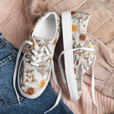 Women’s lace-up canvas shoes, Floral crotchet sweater style all over pattern fashionable casual jeans shorts dress soft fabric tennis shoes