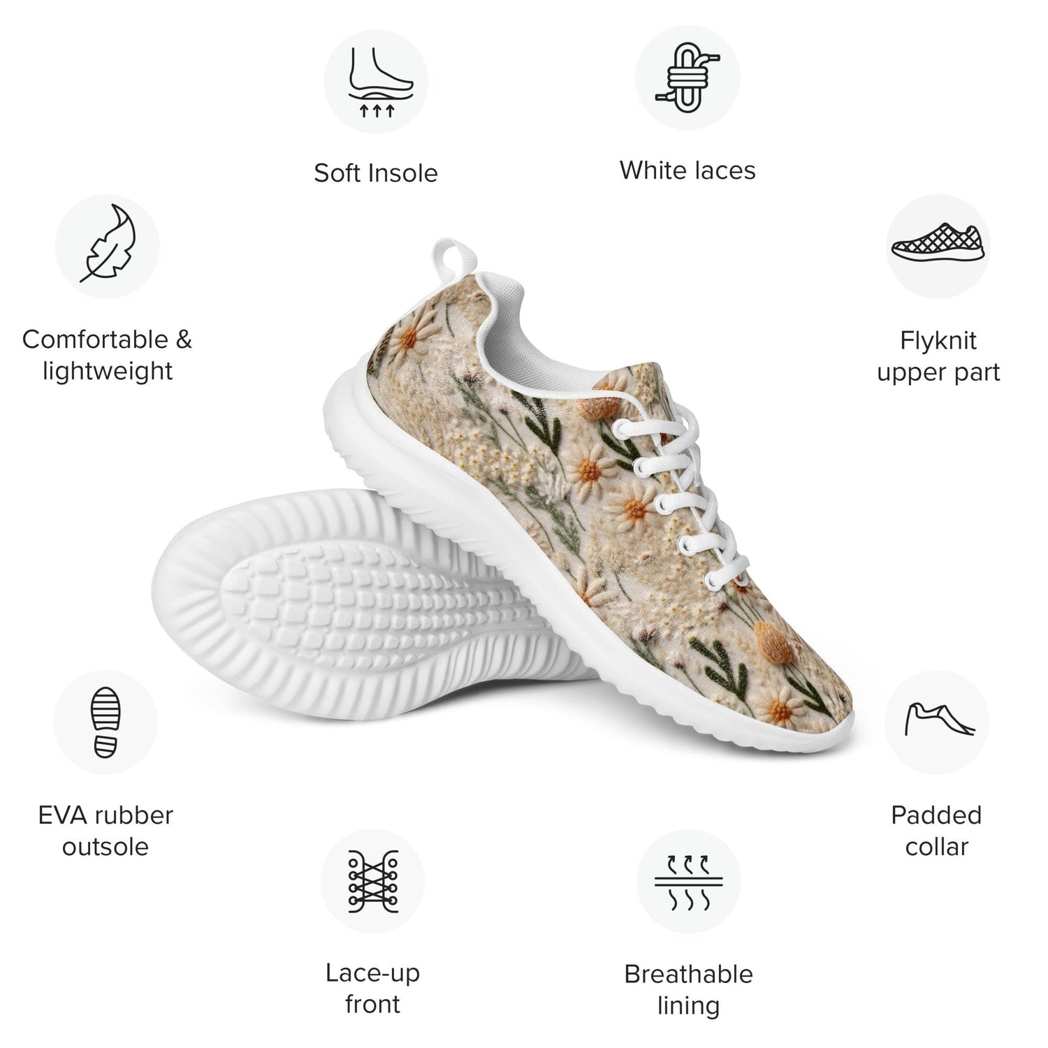 Women’s athletic shoes, Floral crotchet 3D pattern all over print walking everyday casual sports tennis school work shoe