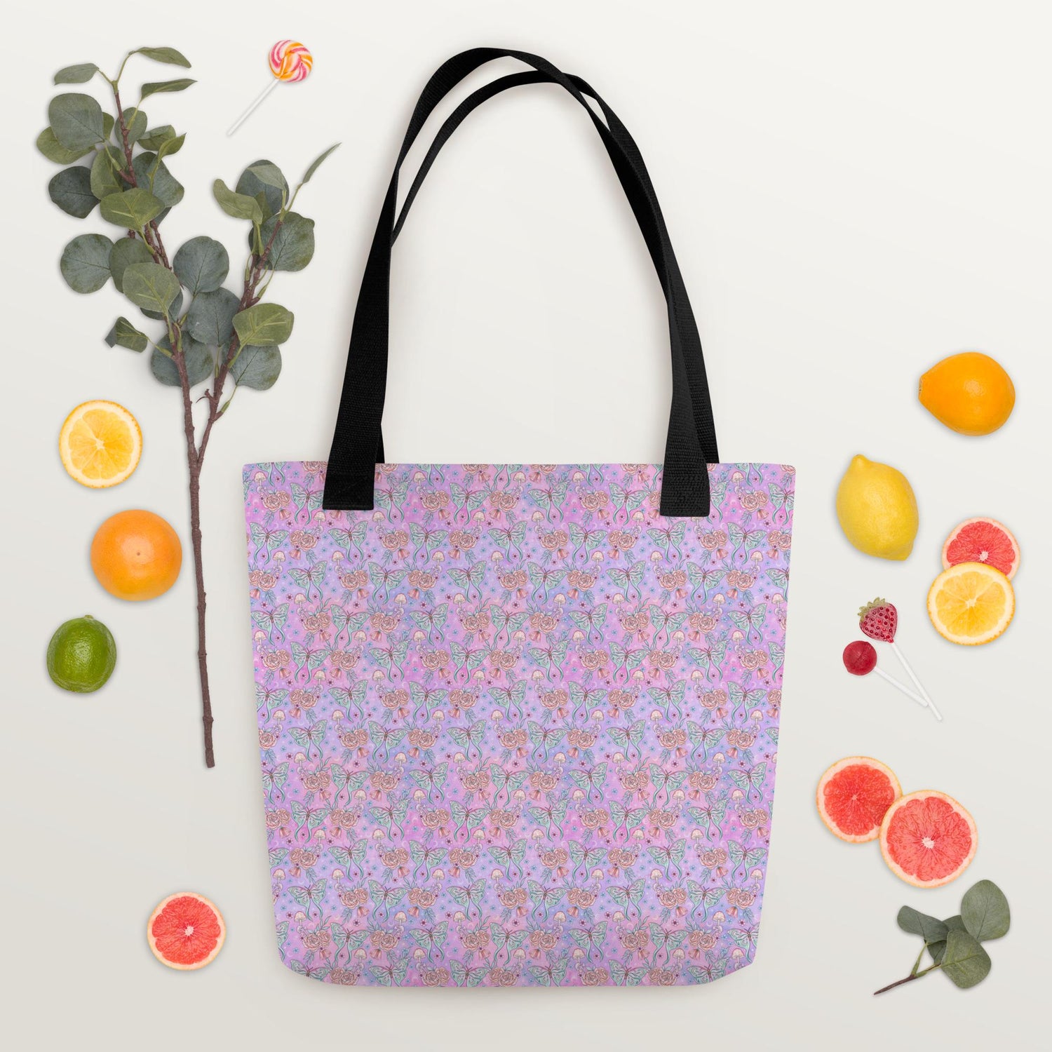 Celestial neon colored Tote all purpose travel school work fashionable mystical print pattern butterfly design stylish bag