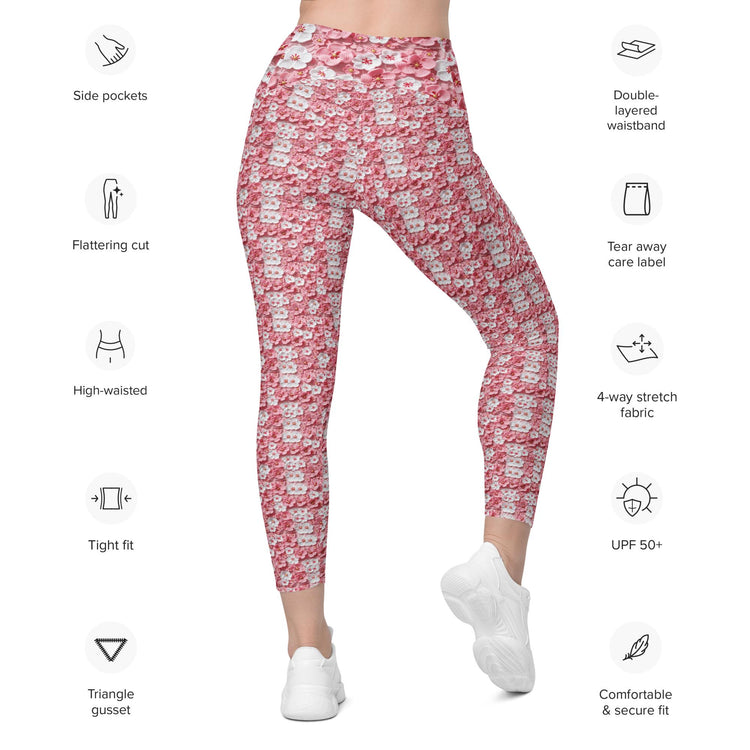 Leggings with pockets, Pink floral pattern print stretchy yoga workout daily walk casual blazer everyday stylish fitted pocket spandex pants