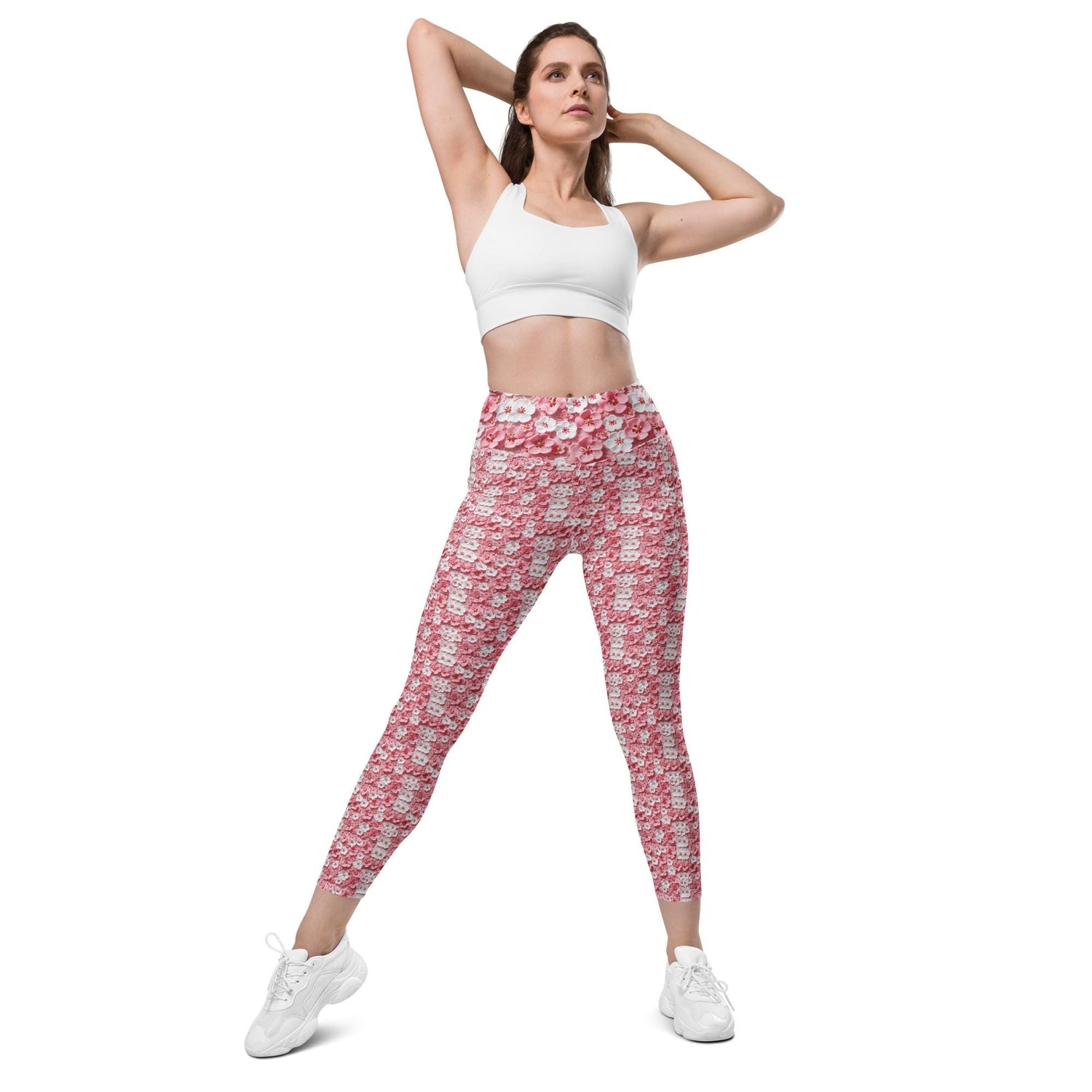 Leggings with pockets, Pink floral pattern print stretchy yoga workout daily walk casual blazer everyday stylish fitted pocket spandex pants