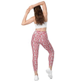 Leggings with pockets, Pink floral pattern print stretchy yoga workout daily walk casual blazer everyday stylish fitted pocket spandex pants