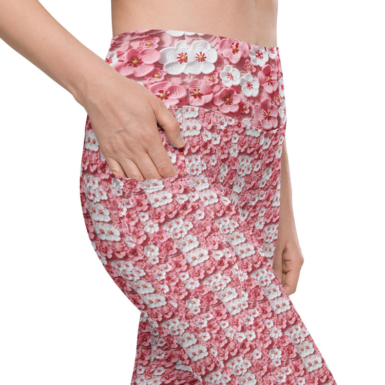 Leggings with pockets, Pink floral pattern print stretchy yoga workout daily walk casual blazer everyday stylish fitted pocket spandex pants