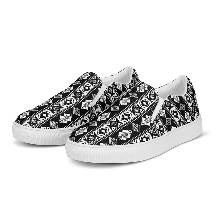 Women’s slip-on canvas shoes, Tribal pattern print fashion school work play casaul everyday style jean skirt shorts skater shoe