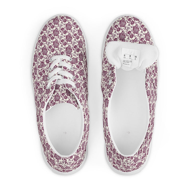 Women’s lace-up canvas shoes, burgandy floral allo over print pattern casual wlking shopping fabric tennis sneaker shoe