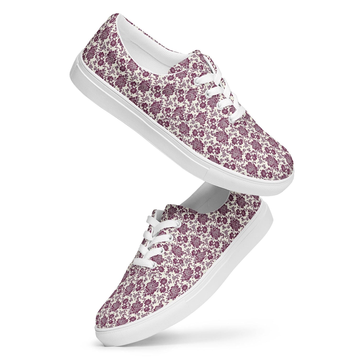 Women’s lace-up canvas shoes, burgandy floral allo over print pattern casual wlking shopping fabric tennis sneaker shoe