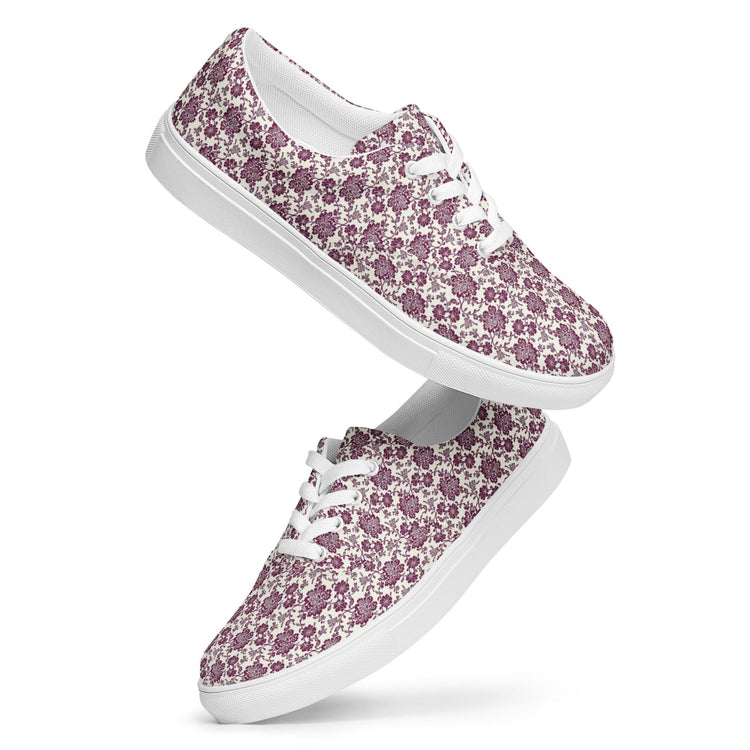 Women’s lace-up canvas shoes, burgandy floral allo over print pattern casual wlking shopping fabric tennis sneaker shoe
