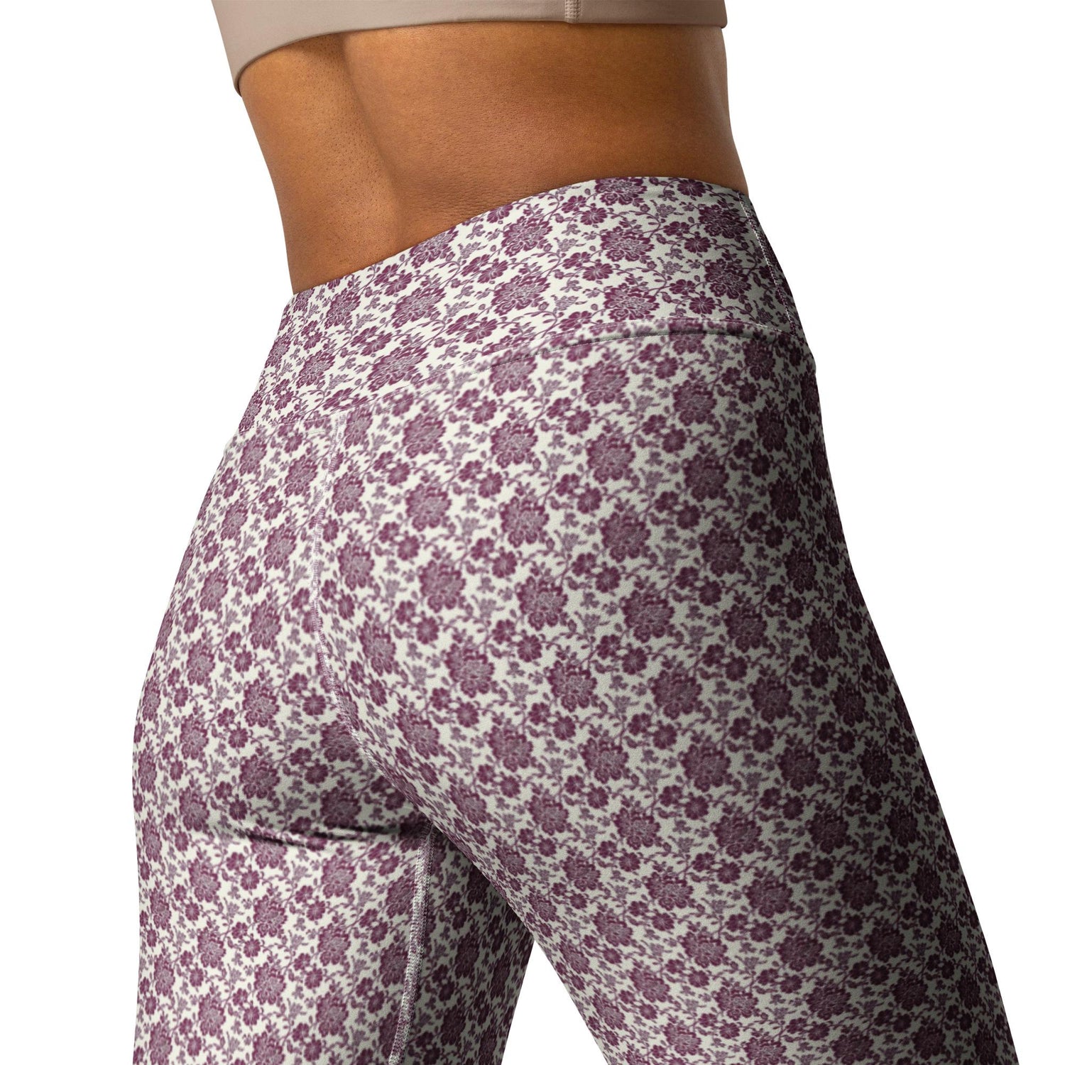 Yoga Leggings, Burgandy floral all over pattern design stretchy comfy flexible workout gym casual stylish pants