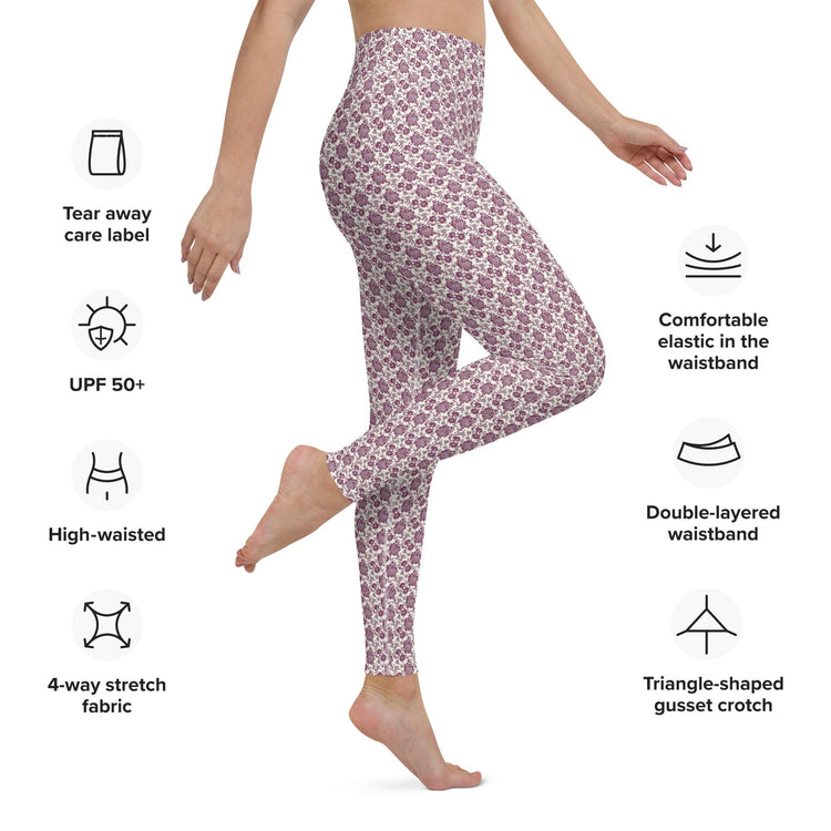 Yoga Leggings, Burgandy floral all over pattern design stretchy comfy flexible workout gym casual stylish pants