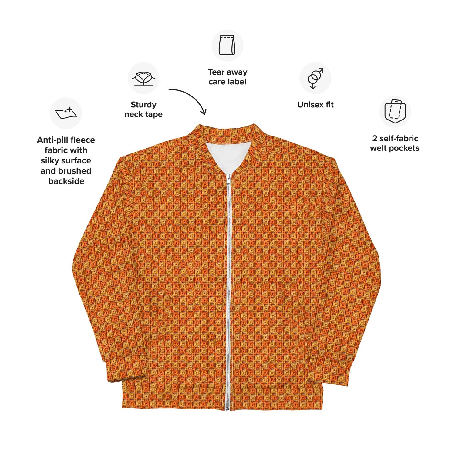 Unisex Bomber Jacket, women men orange crotchet all over print stylish design casual modern day special event every day designer clothing