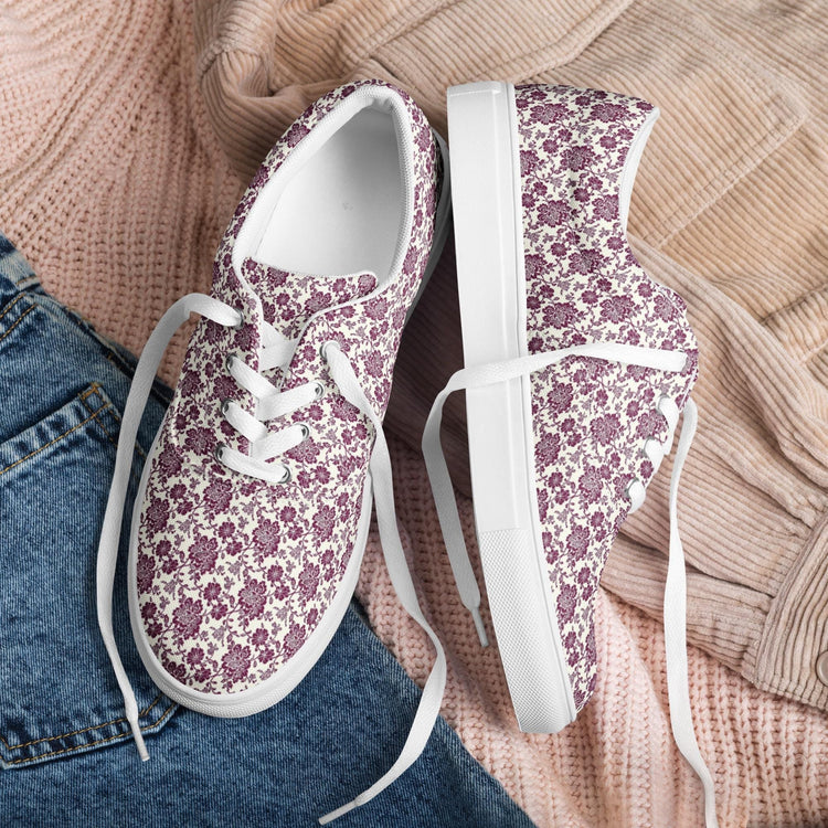 Women’s lace-up canvas shoes, burgandy floral allo over print pattern casual wlking shopping fabric tennis sneaker shoe