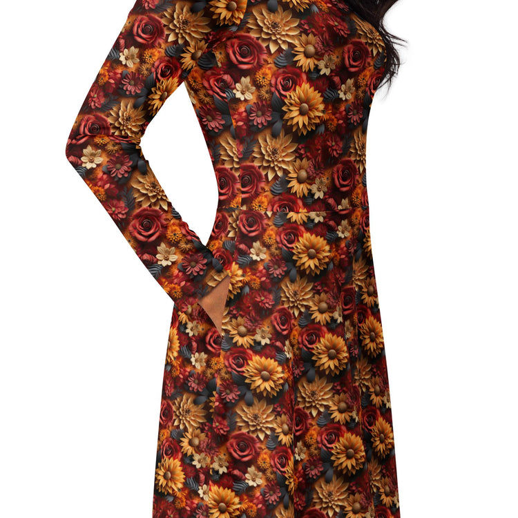All-over print long sleeve midi dress. Autumn Fall 3D all over print pattern stylish runway high fashion holiday special floral dress