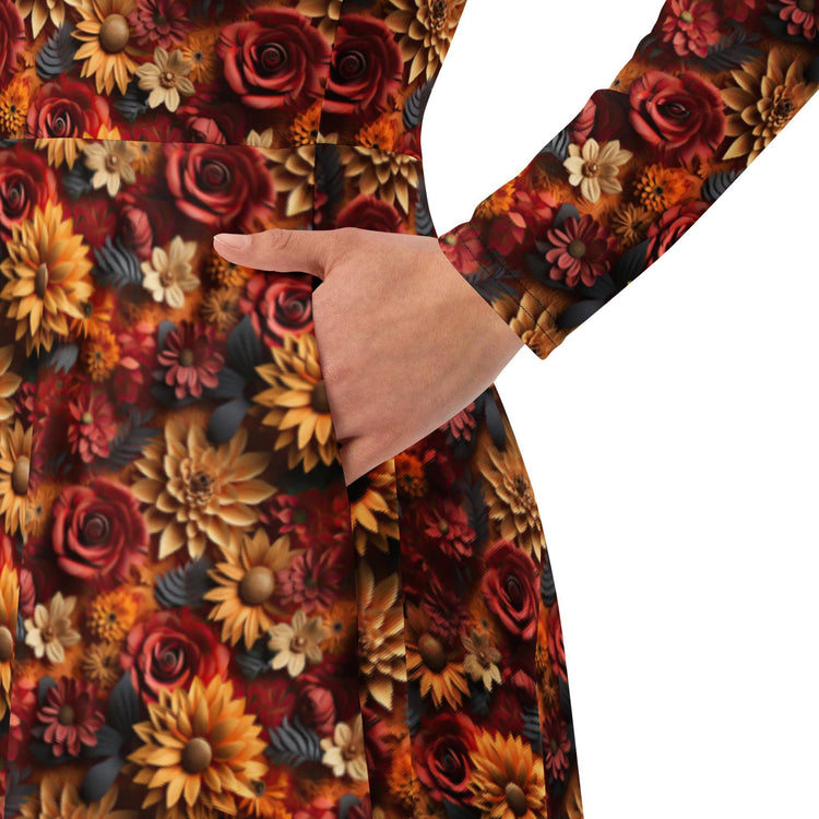 All-over print long sleeve midi dress. Autumn Fall 3D all over print pattern stylish runway high fashion holiday special floral dress