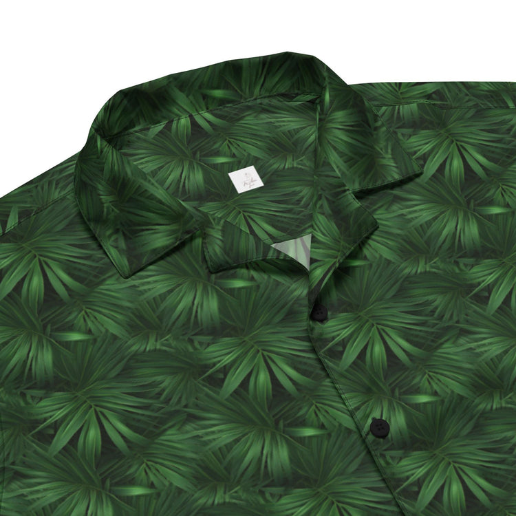 Unisex button shirt, green floral all over print pattern casual breezy light weight everyday men&
