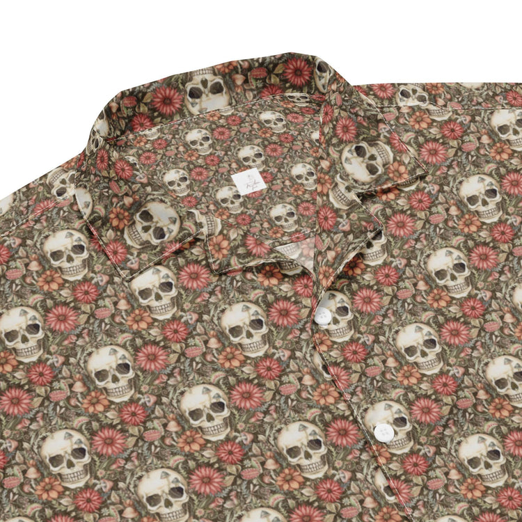 Unisex button shirt, sugar skull floral theme all over print casual light airy button up moisture wick dinner lunch beach day comfort shirt