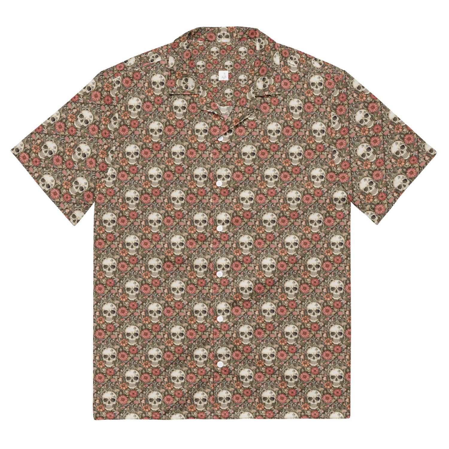 Unisex button shirt, sugar skull floral theme all over print casual light airy button up moisture wick dinner lunch beach day comfort shirt