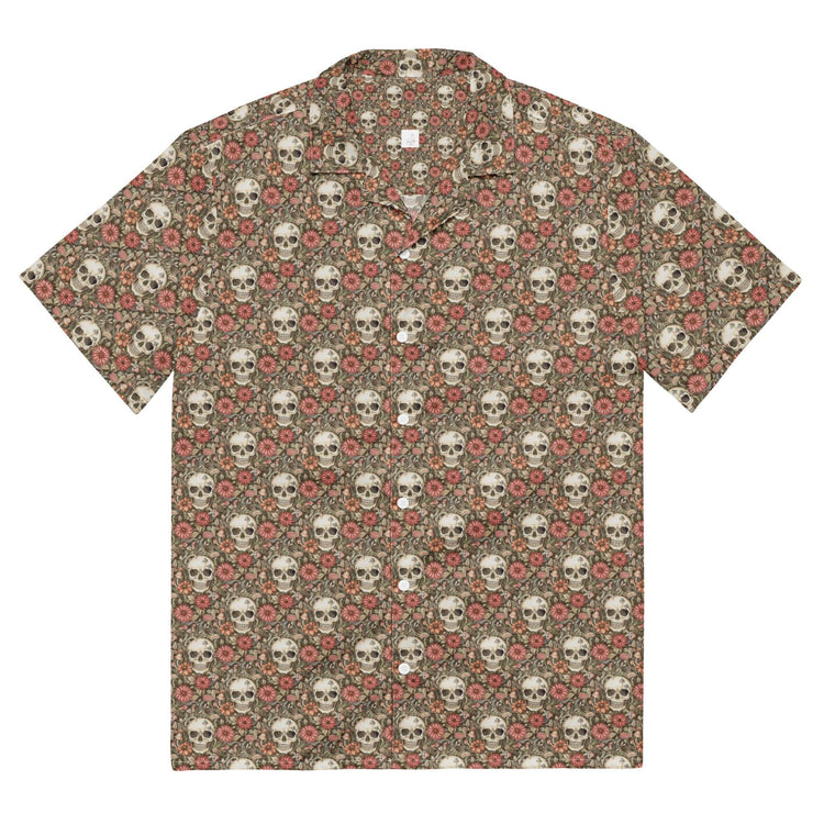 Unisex button shirt, sugar skull floral theme all over print casual light airy button up moisture wick dinner lunch beach day comfort shirt