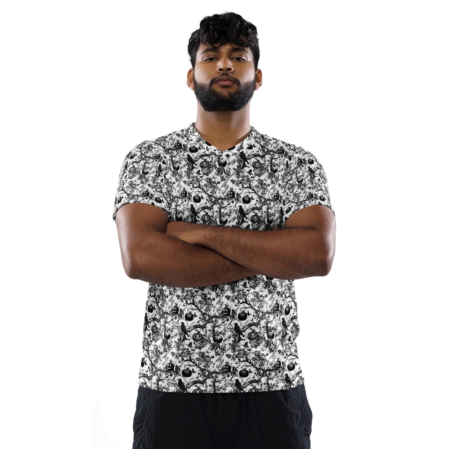 Recycled unisex sports jersey, Halloween stylish fashion cool pattern breathable v neck daily wear stretch fabric casual jean pants shirt