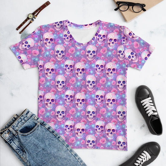 Camiseta de mujer, diseño de calavera de azúcar en tono morado de Halloween, estilo femenino, divertida, informal, estilo enfermera, estudiante universitaria, camisa para dama