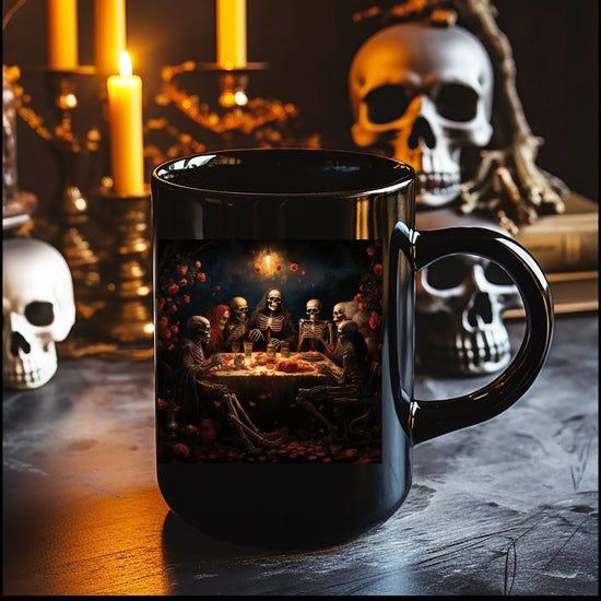 Taza negra, 15 oz, Día de los Muertos, Día de los Muertos, Halloween, festivo, esqueleto, familia, cena, diseñador, vacaciones, decoración de cocina, taza