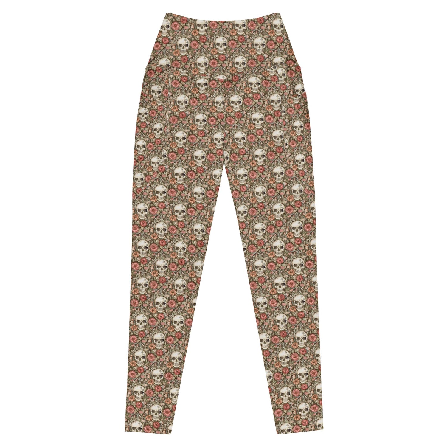 Leggings with pockets, Sugar skull day of the dead halloween themed fitted high waist all over pattern stretchy gym walking shopping pants