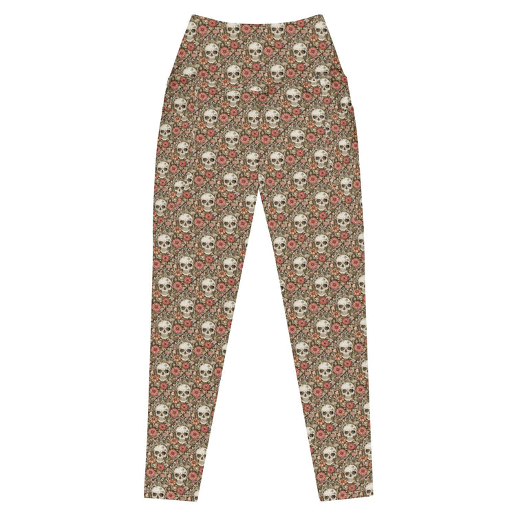 Leggings with pockets, Sugar skull day of the dead halloween themed fitted high waist all over pattern stretchy gym walking shopping pants