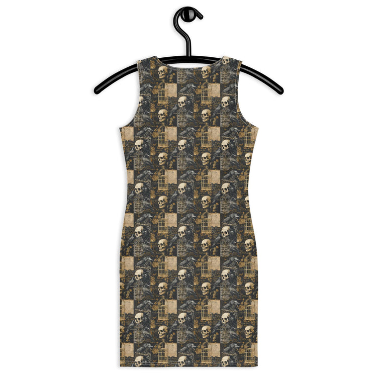 Bodycon dress, Gothic all over pattern casual date night blazer accent sexy spandex stretchy comfortable stylish Halloween vibe outfit