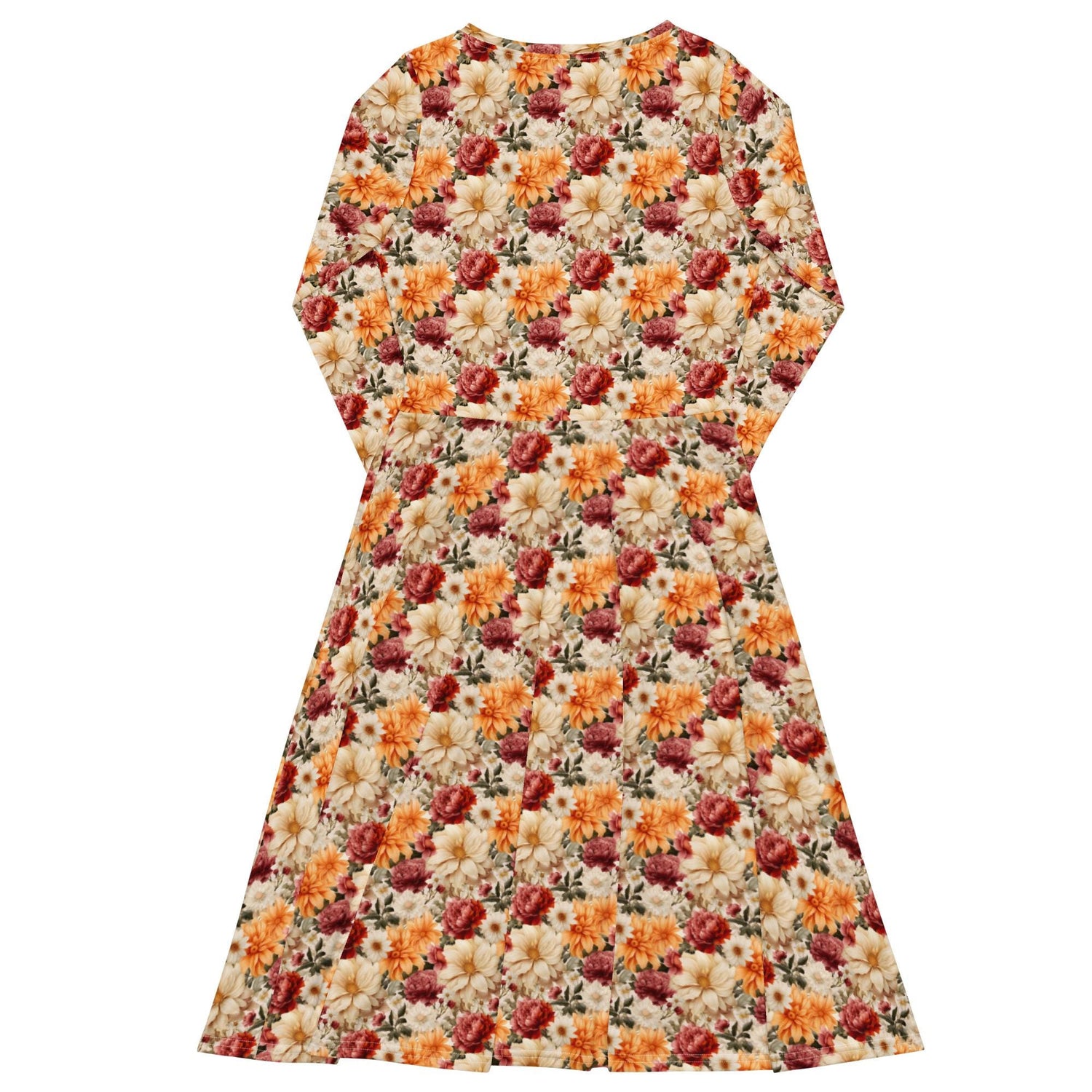 All-over print long sleeve midi dress, Bright large floral print pattern dinner date casual event classy stylish midi dress design dress