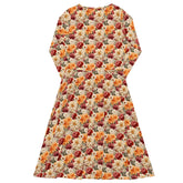 All-over print long sleeve midi dress, Bright large floral print pattern dinner date casual event classy stylish midi dress design dress