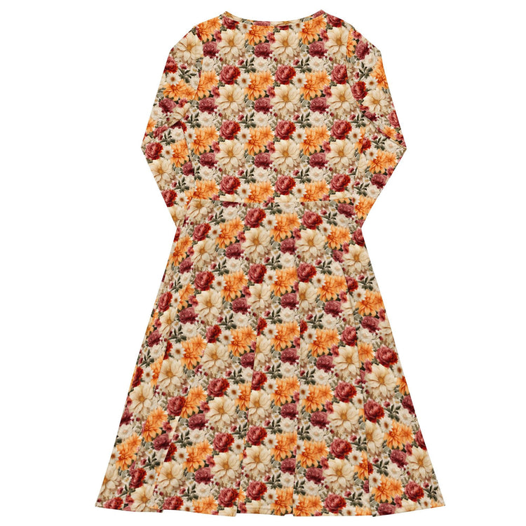 All-over print long sleeve midi dress, Bright large floral print pattern dinner date casual event classy stylish midi dress design dress