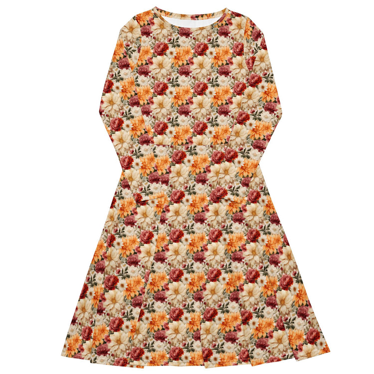 All-over print long sleeve midi dress, Bright large floral print pattern dinner date casual event classy stylish midi dress design dress