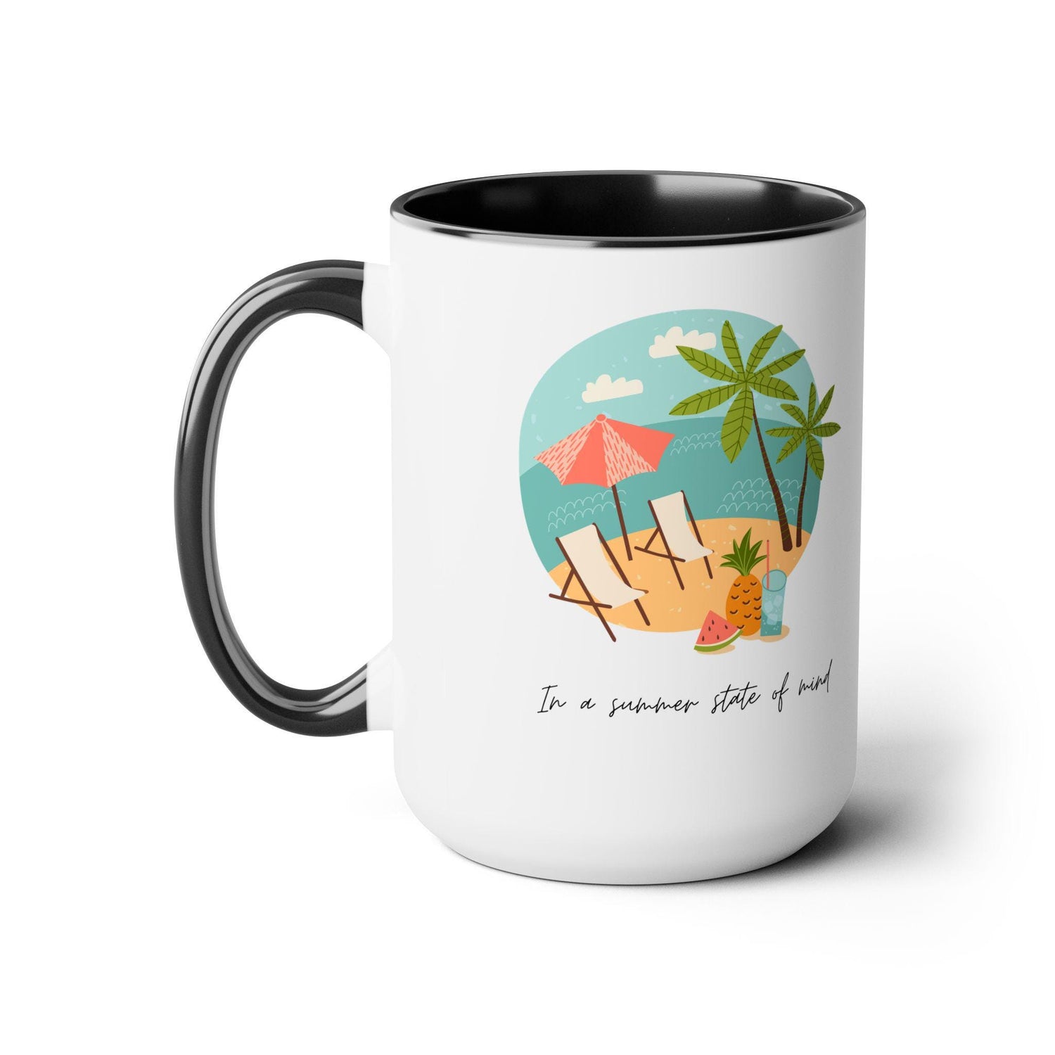 Two-Tone Coffee Mugs, 15oz, Summer vibes great energy vibrant kitchen home decor coffee tea beverage cup