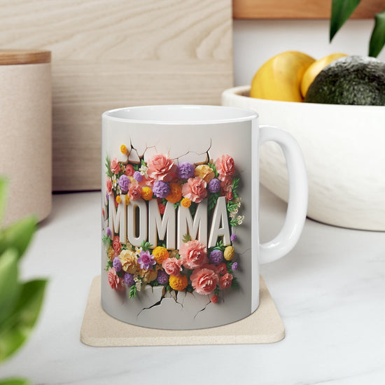 Ceramic Mug, 11oz, Love Momma 3D Love colorful floral everday modern day Mothers gift two side design  beverage home office drinking cup