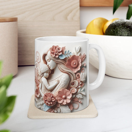 Ceramic Mug, 11oz, Beautiful Mother Child Design pink white floral artistic design baby shower Mother&