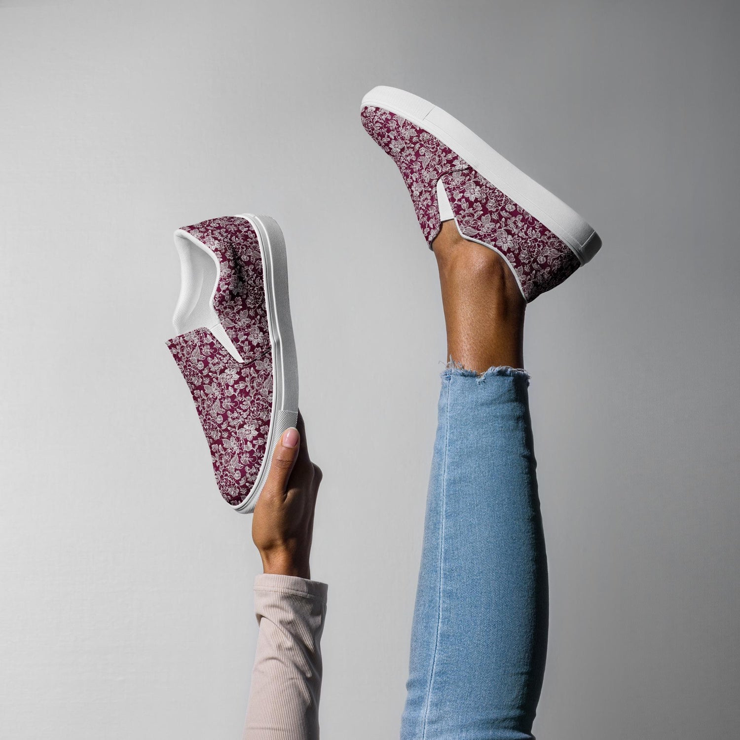 Women’s slip-on canvas shoes, Burgandy white lace canvas designer look casual cute jean skirt jogger pants slip-on rubber sole shoe