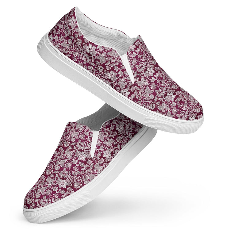 Women’s slip-on canvas shoes, Burgandy white lace canvas designer look casual cute jean skirt jogger pants slip-on rubber sole shoe