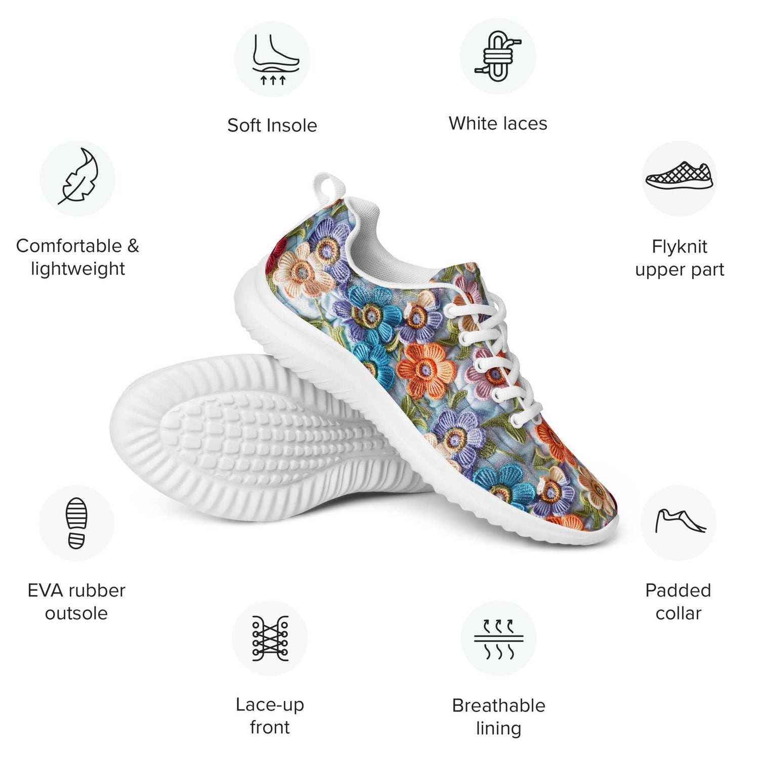 Women’s athletic shoes, stylish walking jogging shopping pretty floral crotchet AOP relax fashion everyday tennis sneaker shoes