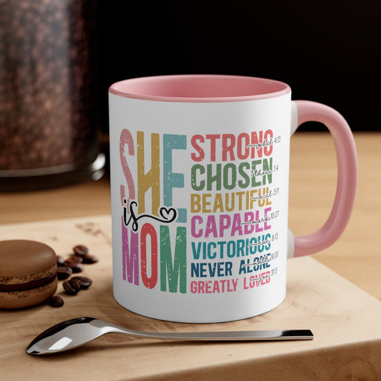 Accent Coffee Mug, 11oz, She is Mom bright coffee colorful encouraging positive strong message enduring two tone beverage cup relative gift