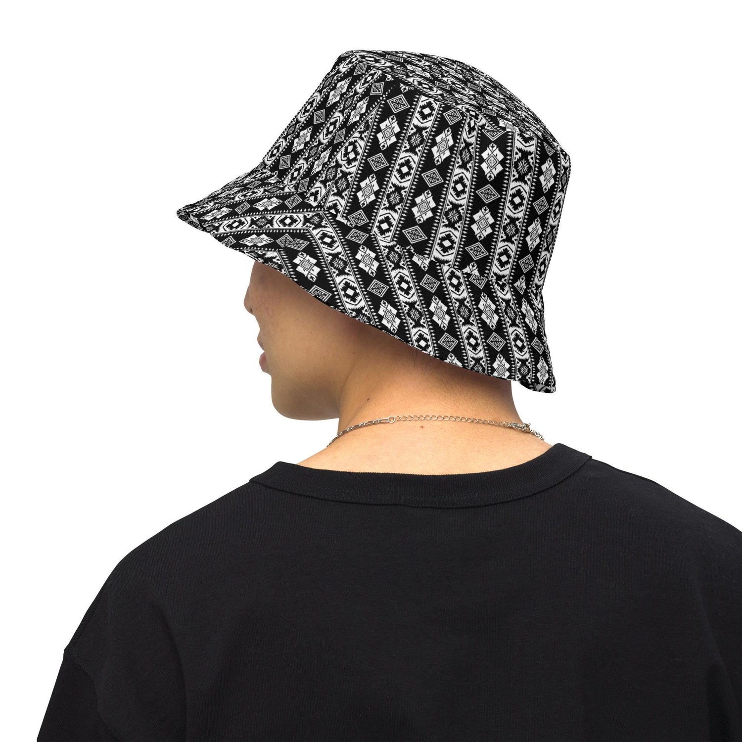 Reversible bucket hat styllish western black white pattern design versatile fashinista streetwear apparel casual everyday unisex fabric hat