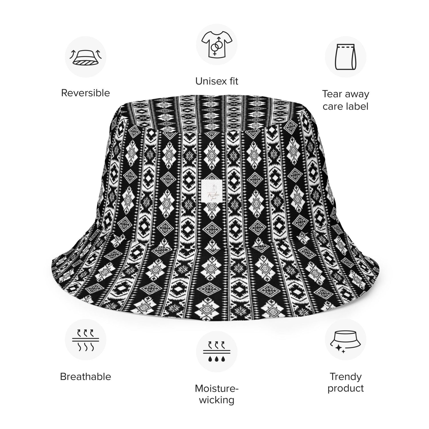 Reversible bucket hat styllish western black white pattern design versatile fashinista streetwear apparel casual everyday unisex fabric hat
